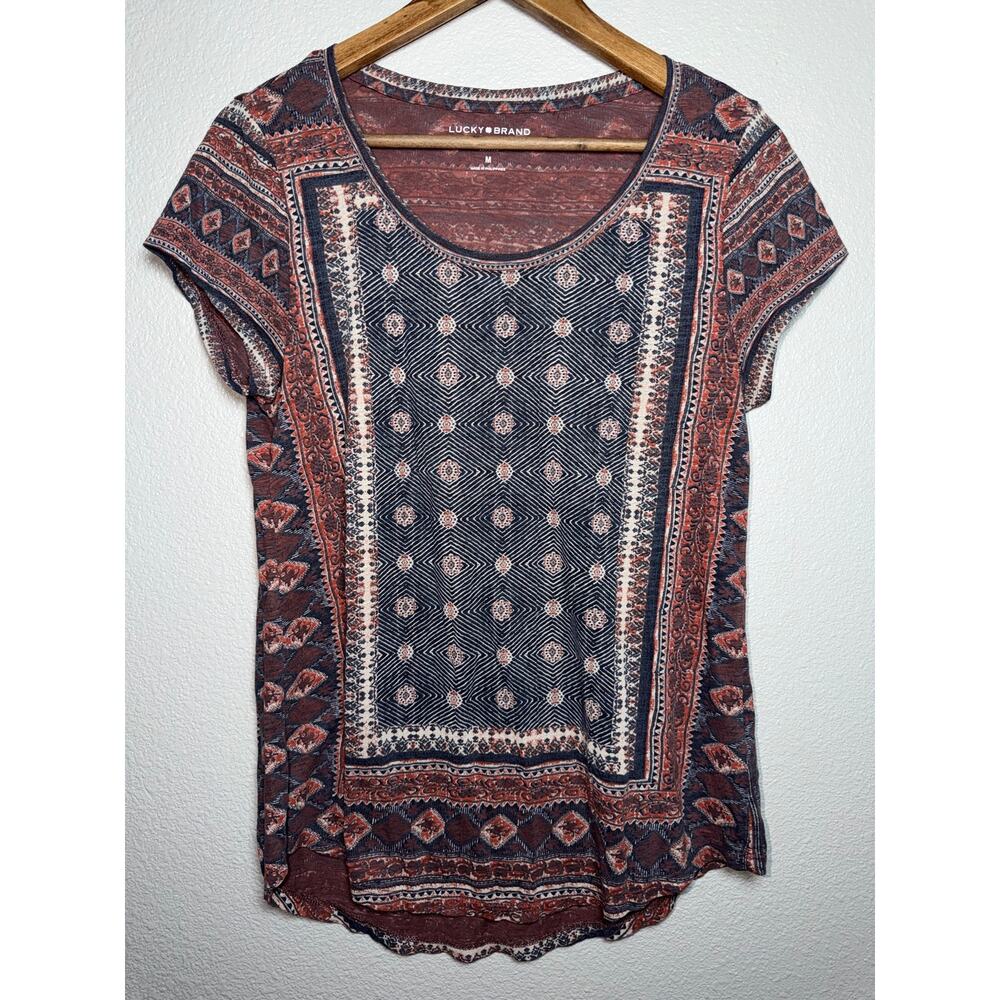 Lucky Brand Boho Tribal Print Tee Top Medium Soft Cotton Modal Festival